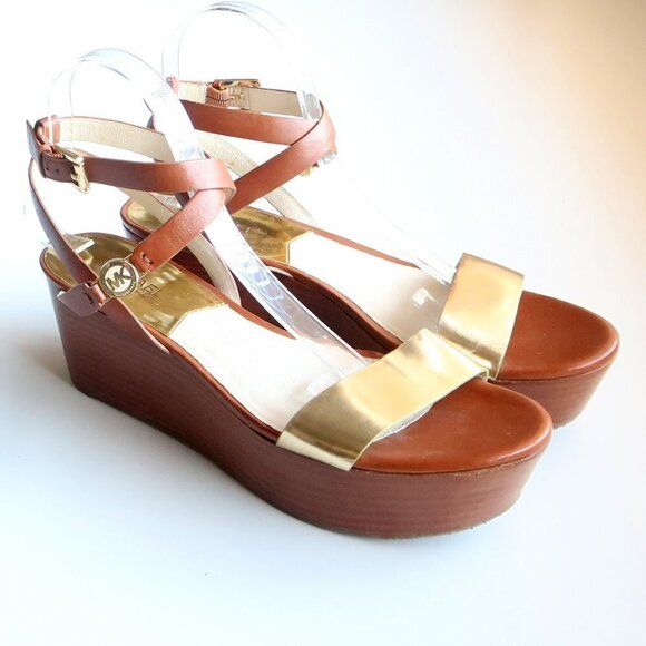 Michael Kors Brown & Gold Platform Wedge Strappy Open Toe Sandals / Summer Shoes - Picture 2 of 16